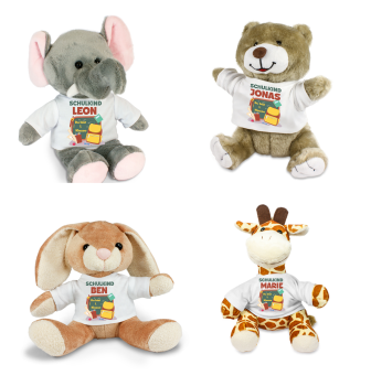 Stofftier, Kuscheltier Teddy, Hase, Elefant, Giraffe mit Mini Tshirt - Motiv Schulkind Schultafel - mit Wunschnamen