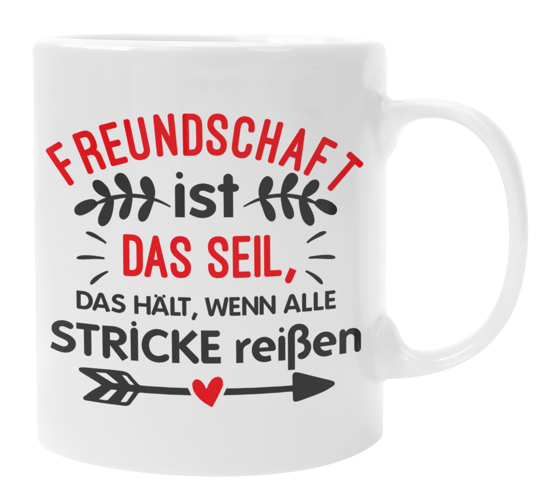Preview: Schwarzweiße oder weiße Tasse "Freundschaft ist das Seil, das hält, wenn alle Stricke reißen"