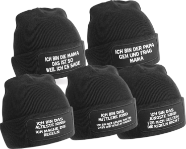 Preview: 5er Set One Size Beanie, Mütze bedruckt mit Spruch: Ich bin die Mama, Ich bin der Papa, Das Jüngste, Das Mittlere, Das Älteste KiND - REGELN der Familie