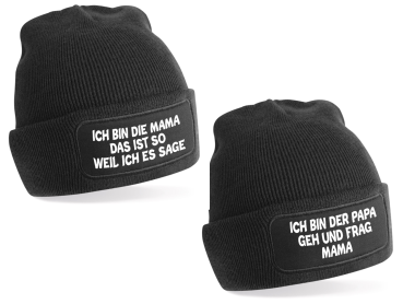 Preview: 5er Set One Size Beanie, Mütze bedruckt mit Spruch: Ich bin die Mama, Ich bin der Papa, Das Jüngste, Das Mittlere, Das Älteste KiND - REGELN der Familie
