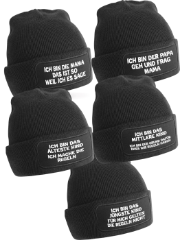 5er Set One Size Beanie, Mütze bedruckt mit Spruch: Ich bin die Mama, Ich bin der Papa, Das Jüngste, Das Mittlere, Das Älteste KiND - REGELN der Familie