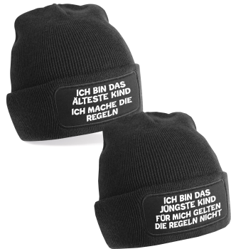 Preview: 2er oder 3er Set One Size Beanie, Mütze bedruckt mit Spruch: Das Jüngste, Das Mittlere, Das Älteste KiND - REGELN der Familie