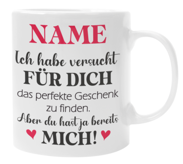 Schwarzweiße/ weiße Tasse "Das perfekte Geschenk... mit Wunschnamen"