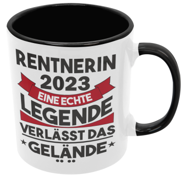 Preview: Schwarzweiße oder weiße Tasse "Rentner / Rentnerin 2023, eine echte Legende verlässt das Gelände", beidseitig bedruckt