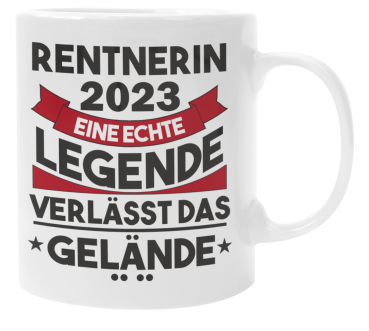 Preview: Schwarzweiße oder weiße Tasse "Rentner / Rentnerin 2023, eine echte Legende verlässt das Gelände", beidseitig bedruckt