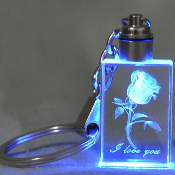 Geschenk Rose LED-Kristall Schlüsselanhänger,3D Gravur Text I LOVE YOU 