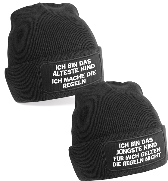 2er oder 3er Set One Size Beanie, Mütze bedruckt mit Spruch: Das Jüngste, Das Mittlere, Das Älteste KiND - REGELN der Familie