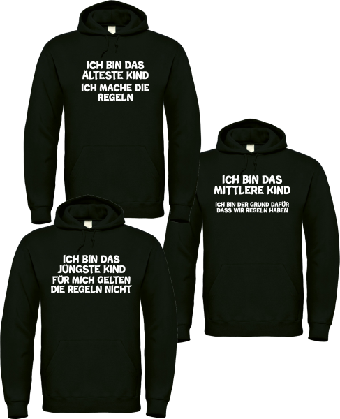 3er Set Hoodies, Kapuzenpullover schwarz "Das Jüngste, Das Mittlere, Das Älteste KiND - REGELN der Familie