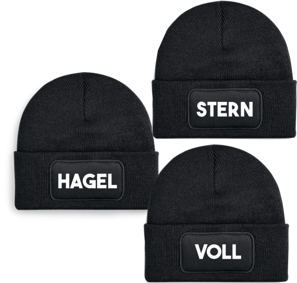 3er Set Mützen One Size Beanie, Mützen mit Spruch: Stern Hagel Voll