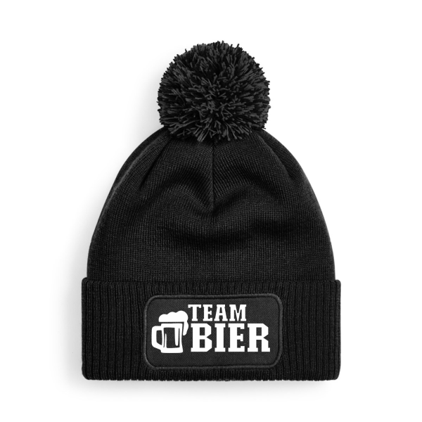 One Size Beanie mit Pompon, Bommelmütze mit Spruch: Team Bier