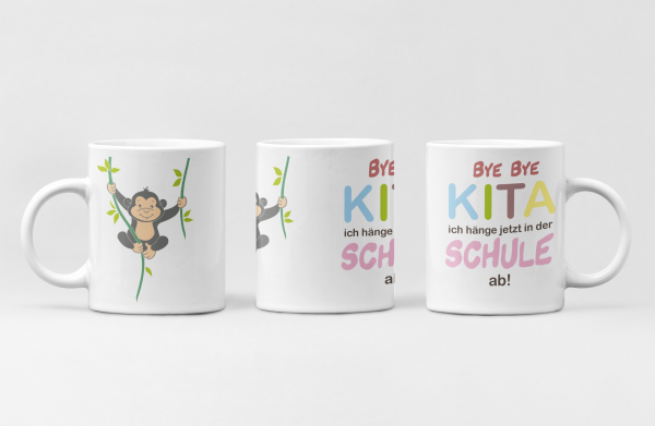 Weiße Tasse "Bye Bye Kita. Ich hänge jetzt in der Schule ab", beidseitig bedruckt.