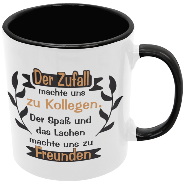 Schwarzweiße oder weiße Tasse "Der Zufall machte uns zu Kollegen. Der Spaß und das Lachen zu Freunden " Jobwechseltasse, Abschiedtasse Kollege, Kollegin