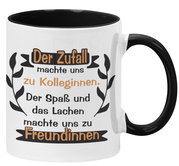 Schwarzweiße oder weiße Tasse "Der Zufall machte uns zu Kollegen. Der Spaß und das Lachen zu Freunden " Jobwechseltasse, Abschiedtasse Kollege, Kollegin