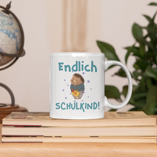Weiße Tasse "Endlich Schulkind!"