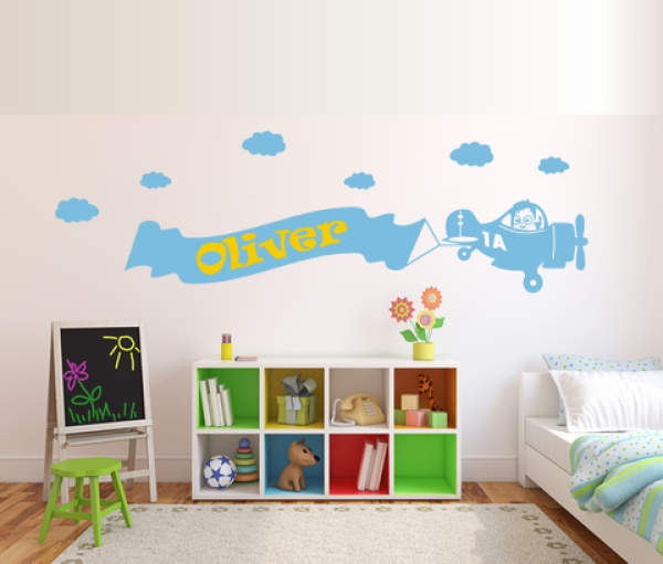 2 Farben Wandtattoo Flugzeug mit personalisierten Banner