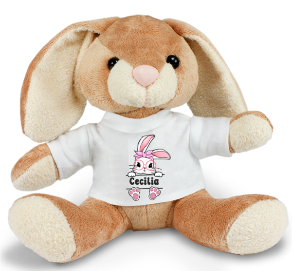 Stofftier, Kuscheltier Hase mit personalisiertem Mini Tshirt Motiv Häschen mit Wunschnamen, blau oder rosa