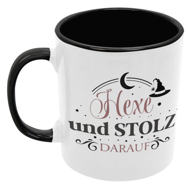 Schwarzweiße oder weiße Tasse "Hexe und stolz darauf"