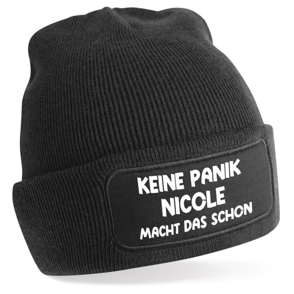 One Size Beanie, Mütze bedruckt mit Spruch: Keine Panik... Wunschname macht das schon, personalisiert