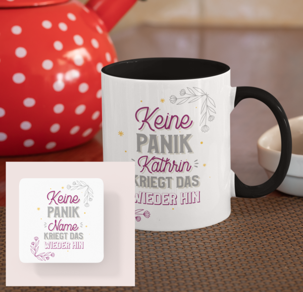 Schwarzweiße Tasse "Keine Panik "Wunschname" kriegt das wieder hin"