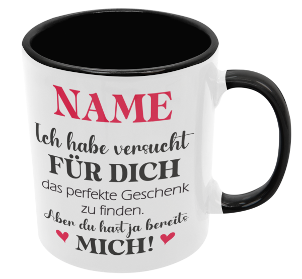 Schwarzweiße/ weiße Tasse "Das perfekte Geschenk... mit Wunschnamen"