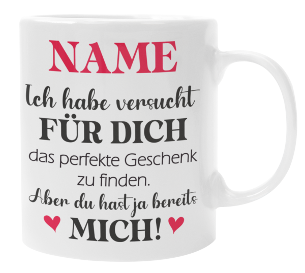 Schwarzweiße/ weiße Tasse "Das perfekte Geschenk... mit Wunschnamen"