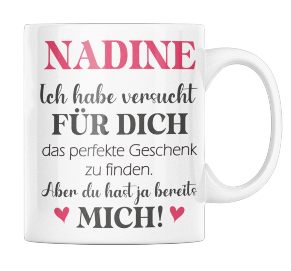 Schwarzweiße/ weiße Tasse "Das perfekte Geschenk... mit Wunschnamen"