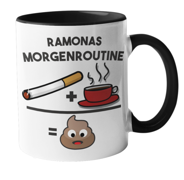 Schwarzweiße Tasse mit Motiv - Morgenroutine - Wunschname
