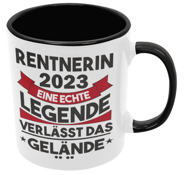 Schwarzweiße oder weiße Tasse "Rentner / Rentnerin 2023, eine echte Legende verlässt das Gelände", beidseitig bedruckt